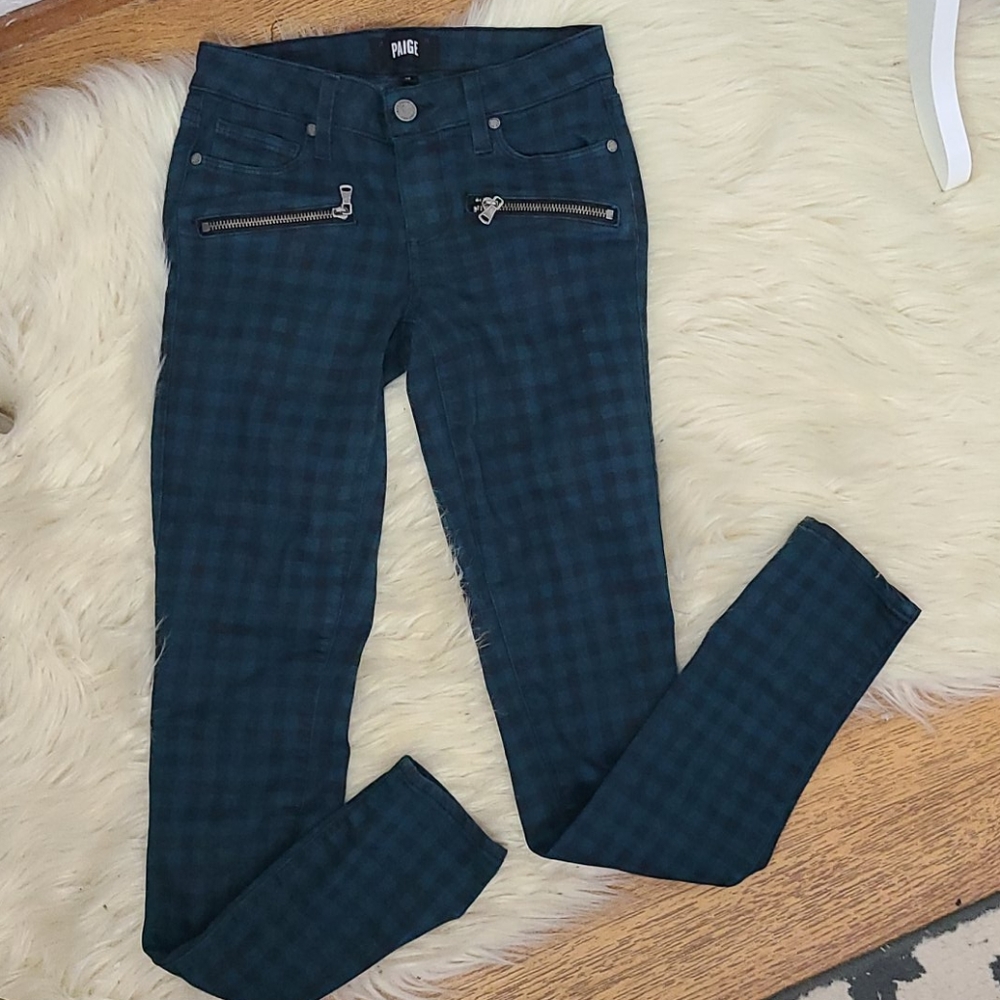Paige indio zip deep teal plaid skinny jeans 25